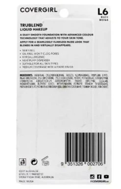 COVERGIRL 30mL TRUBLEND LIQUID MAKE UP L6 BUFF BEIGE -Sigma Store COVERGIRL 30mL TRUBLEND LIQUID MAKE UP L6 BUFF BEIGE CARDED B